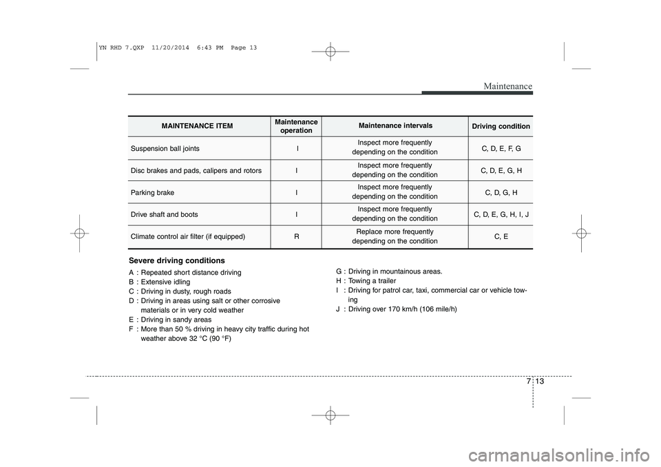 KIA VENGA 2015 Owners Manual 713
Maintenance
Severe driving conditions
A : Repeated short distance driving
B : Extensive idling
C : Driving in dusty, rough roads
D : Driving in areas using salt or other corrosive materials or i KIA VENGA 2015 Owners Manual 713
Maintenance
Severe driving conditions
A : Repeated short distance driving
B : Extensive idling
C : Driving in dusty, rough roads
D : Driving in areas using salt or other corrosive materials or i