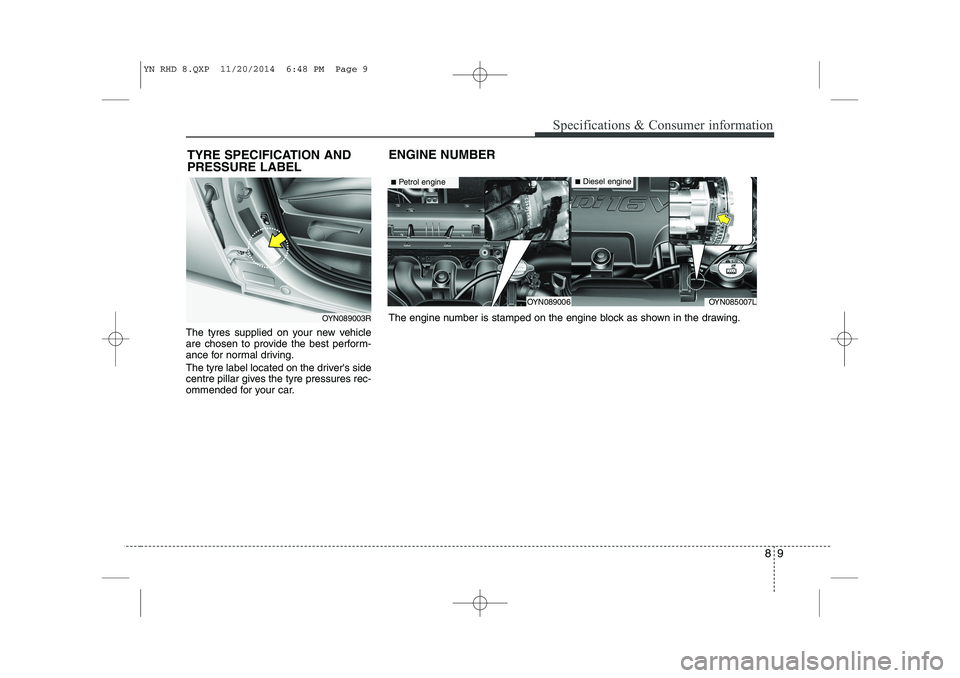KIA VENGA 2015 Owners Manual 89
Specifications & Consumer information
The tyres supplied on your new vehicle
are chosen to provide the best perform-
ance for normal driving.
The tyre label located on the drivers side
centre p KIA VENGA 2015 Owners Manual 89
Specifications & Consumer information
The tyres supplied on your new vehicle
are chosen to provide the best perform-
ance for normal driving.
The tyre label located on the drivers side
centre p