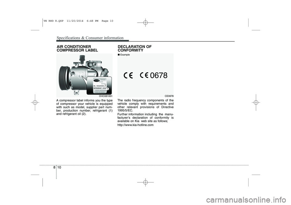 KIA VENGA 2015 Owners Manual Specifications & Consumer information
10
8
A compressor label informs you the type
of compressor your vehicle is equipped
with such as model, supplier part num-
ber, production number, refrigerant (1 KIA VENGA 2015 Owners Manual Specifications & Consumer information
10
8
A compressor label informs you the type
of compressor your vehicle is equipped
with such as model, supplier part num-
ber, production number, refrigerant (1