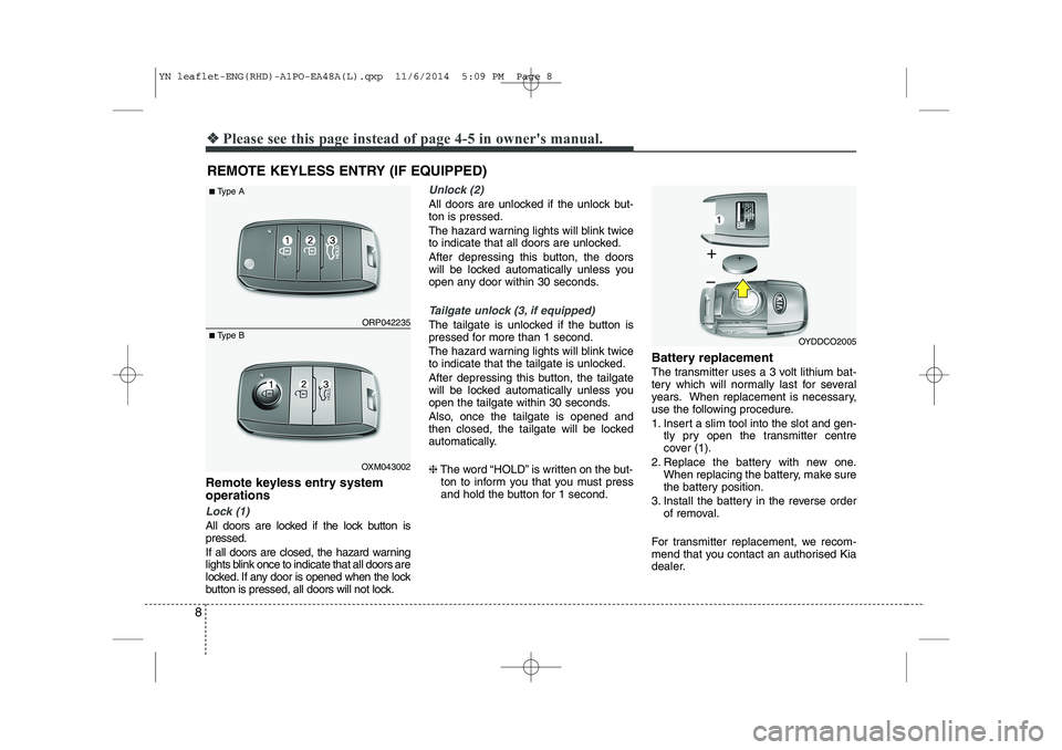 KIA VENGA 2015  Owners Manual ❖❖Please see this page instead of page 4-5 in owners manual.
8
Remote keyless entry system operations
Lock (1)
All doors are locked if the lock button is pressed. 
If all doors are closed, the ha