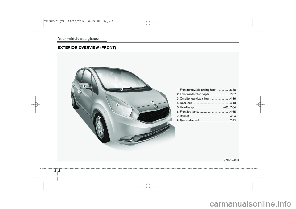 KIA VENGA 2015 Manual PDF Your vehicle at a glance
2
2
EXTERIOR OVERVIEW (FRONT)
1. Front removable towing hook .................6-38
2. Front windscreen wiper ..........................7-37
3. Outside rearview mirror ....... KIA VENGA 2015 Manual PDF Your vehicle at a glance
2
2
EXTERIOR OVERVIEW (FRONT)
1. Front removable towing hook .................6-38
2. Front windscreen wiper ..........................7-37
3. Outside rearview mirror .......