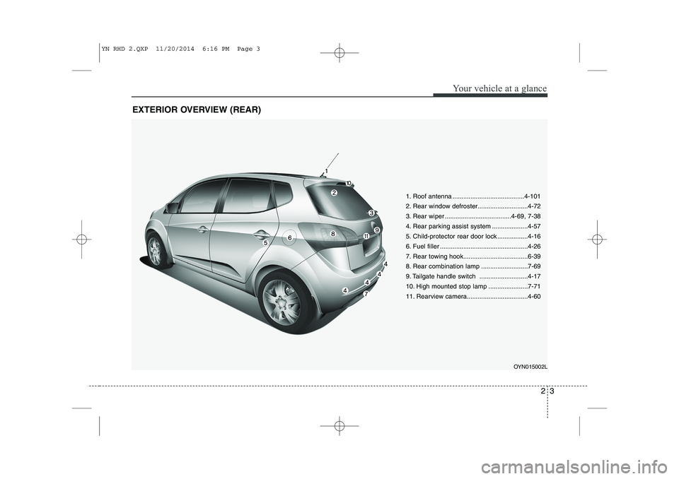 KIA VENGA 2015 Manual PDF 23
Your vehicle at a glance
EXTERIOR OVERVIEW (REAR)
1. Roof antenna ........................................4-101
2. Rear window defroster............................4-72
3. Rear wiper ............. KIA VENGA 2015 Manual PDF 23
Your vehicle at a glance
EXTERIOR OVERVIEW (REAR)
1. Roof antenna ........................................4-101
2. Rear window defroster............................4-72
3. Rear wiper .............