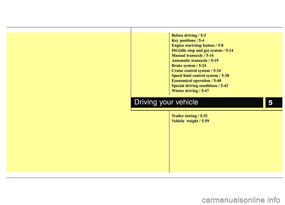 KIA VENGA 2011  Owners Manual 5
Before driving / 5-3 
Key positions / 5-4
Engine start/stop button / 5-8
ISG(idle stop and go) system / 5-14
Manual transaxle / 5-16
Automatic transaxle / 5-19
Brake system / 5-24
Cruise control sys