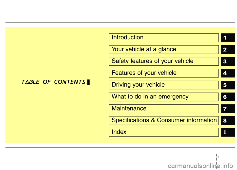 KIA VENGA 2011 Owners Manual ii
1 2 3 4 5 6 78IIntroduction
Your vehicle at a glance
Safety features of your vehicle
Features of your vehicle
Driving your vehicle
What to do in an emergency
Maintenance
Specifications & Consumer i KIA VENGA 2011 Owners Manual ii
1 2 3 4 5 6 78IIntroduction
Your vehicle at a glance
Safety features of your vehicle
Features of your vehicle
Driving your vehicle
What to do in an emergency
Maintenance
Specifications & Consumer i
