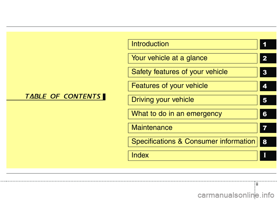 KIA VENGA 2011  Owners Manual ii
1 2 3 4 5 6 78IIntroduction
Your vehicle at a glance
Safety features of your vehicle
Features of your vehicle
Driving your vehicle
What to do in an emergency
Maintenance
Specifications & Consumer i