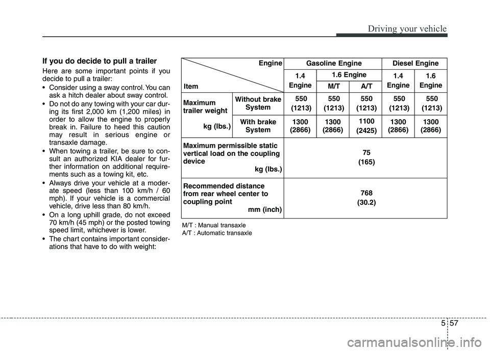 KIA VENGA 2011 Owners Manual 557
Driving your vehicle
If you do decide to pull a trailer
Here are some important points if you
decide to pull a trailer:
Consider using a sway control. You canask a hitch dealer about sway cont KIA VENGA 2011 Owners Manual 557
Driving your vehicle
If you do decide to pull a trailer
Here are some important points if you
decide to pull a trailer:
Consider using a sway control. You canask a hitch dealer about sway cont