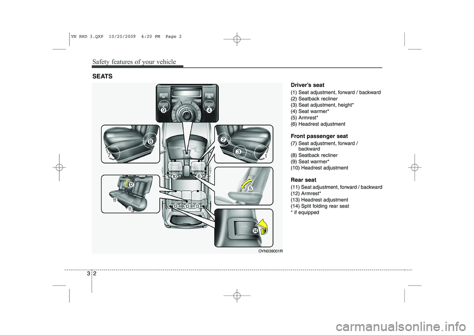KIA VENGA 2011 Owners Manual Safety features of your vehicle
2
3
Driver’s seat
(1) Seat adjustment, forward / backward
(2) Seatback recliner
(3) Seat adjustment, height*
(4) Seat warmer*
(5) Armrest*
(6) Headrest adjustment
KIA VENGA 2011 Owners Manual Safety features of your vehicle
2
3
Driver’s seat
(1) Seat adjustment, forward / backward
(2) Seatback recliner
(3) Seat adjustment, height*
(4) Seat warmer*
(5) Armrest*
(6) Headrest adjustment