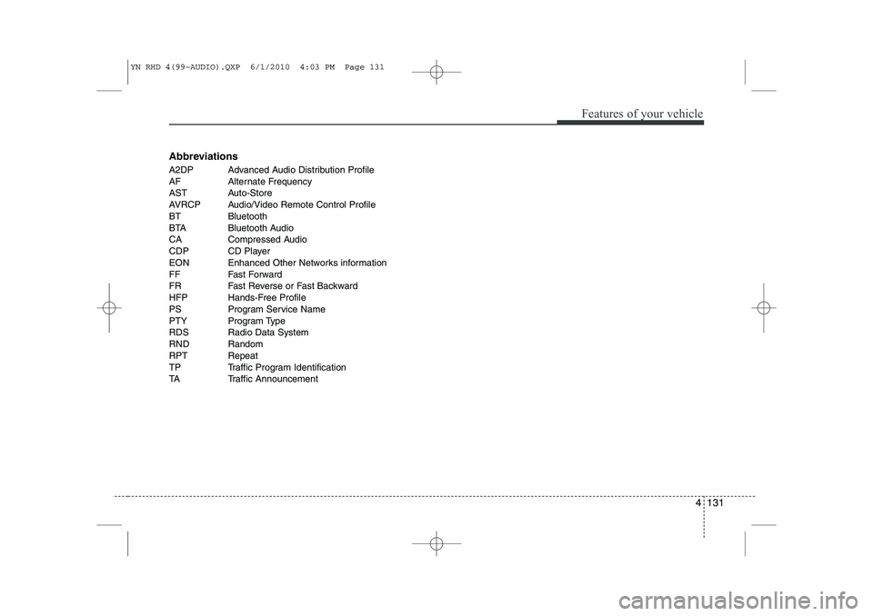 KIA VENGA 2011 Owners Manual 4 131
Features of your vehicle
Abbreviations
A2DP Advanced Audio Distribution Profile
AF Alternate Frequency
AST Auto-Store
AVRCP Audio/Video Remote Control Profile
BT Bluetooth
BTA Bluetooth Audio
KIA VENGA 2011 Owners Manual 4 131
Features of your vehicle
Abbreviations
A2DP Advanced Audio Distribution Profile
AF Alternate Frequency
AST Auto-Store
AVRCP Audio/Video Remote Control Profile
BT Bluetooth
BTA Bluetooth Audio
