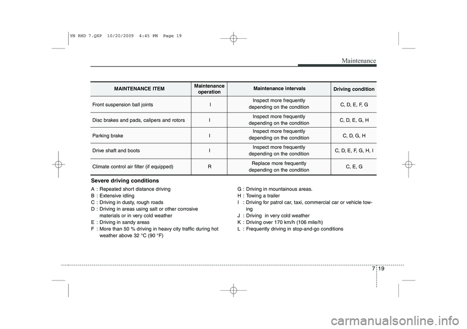 KIA VENGA 2011 Owners Manual 719
Maintenance
Severe driving conditions
A : Repeated short distance driving
B : Extensive idling
C : Driving in dusty, rough roads
D : Driving in areas using salt or other corrosive materials or i KIA VENGA 2011 Owners Manual 719
Maintenance
Severe driving conditions
A : Repeated short distance driving
B : Extensive idling
C : Driving in dusty, rough roads
D : Driving in areas using salt or other corrosive materials or i
