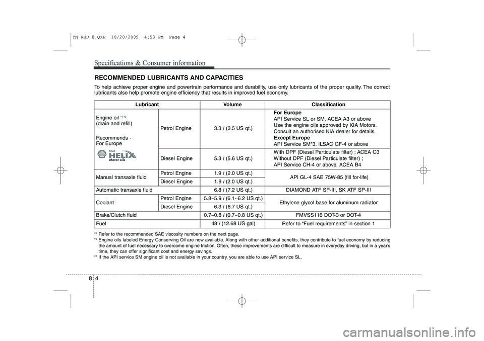 KIA VENGA 2011  Owners Manual Specifications & Consumer information
4
8
RECOMMENDED LUBRICANTS AND CAPACITIES   
To help achieve proper engine and powertrain performance and durability, use only lubricants of the proper quality. T