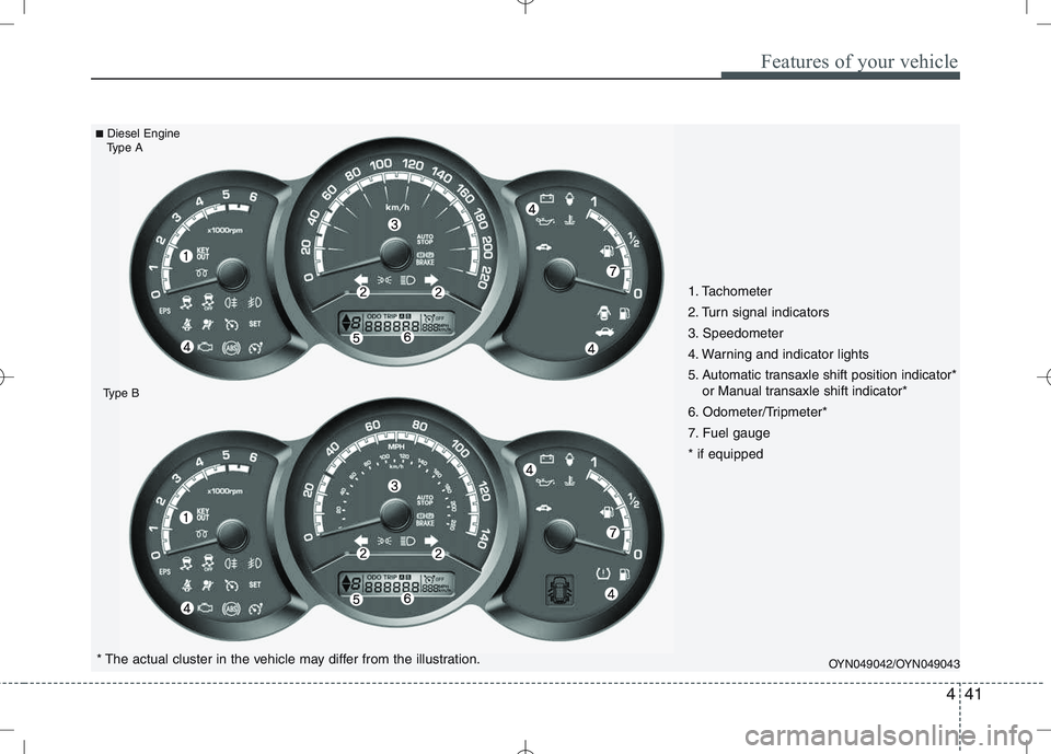 KIA VENGA 2010  Owners Manual 441
Features of your vehicle
OYN049042/OYN049043* The actual cluster in the vehicle may differ from the illustration.
■
Diesel Engine
Type A
Type B
1. Tachometer  
2. Turn signal indicators
3. Speed