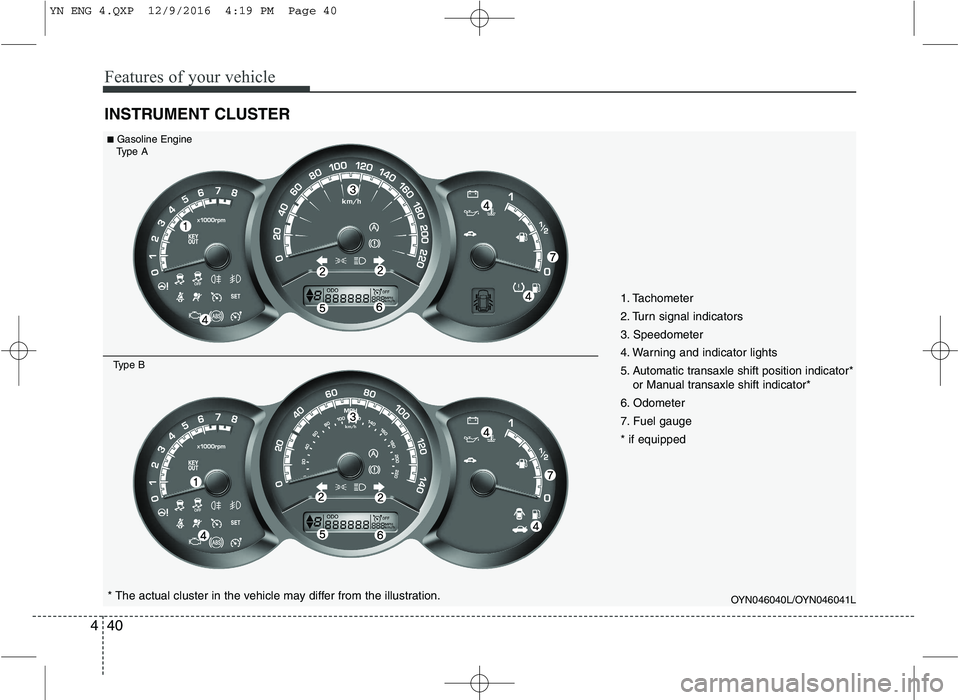 KIA VENGA 2016  Owners Manual Features of your vehicle
40
4
INSTRUMENT CLUSTER
OYN046040L/OYN046041L* The actual cluster in the vehicle may differ from the illustration.
■
Gasoline Engine
Type A
Type B
1. Tachometer  
2. Turn si