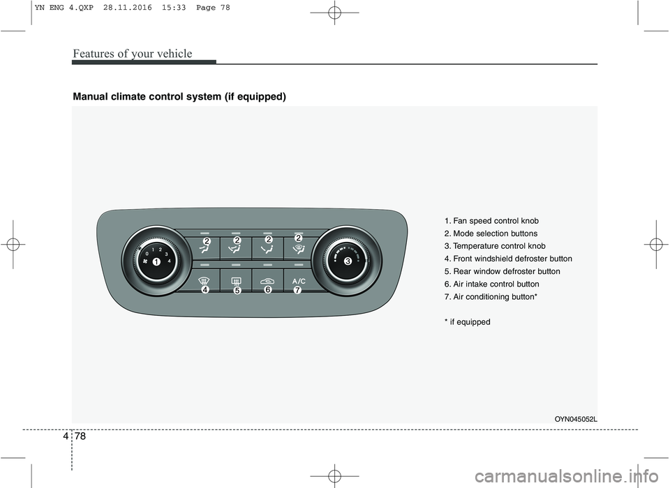 KIA VENGA 2016  Owners Manual Features of your vehicle
78
4
Manual climate control system (if equipped)
OYN045052L
1. Fan speed control knob 
2. Mode selection buttons
3. Temperature control knob
4. Front windshield defroster butt