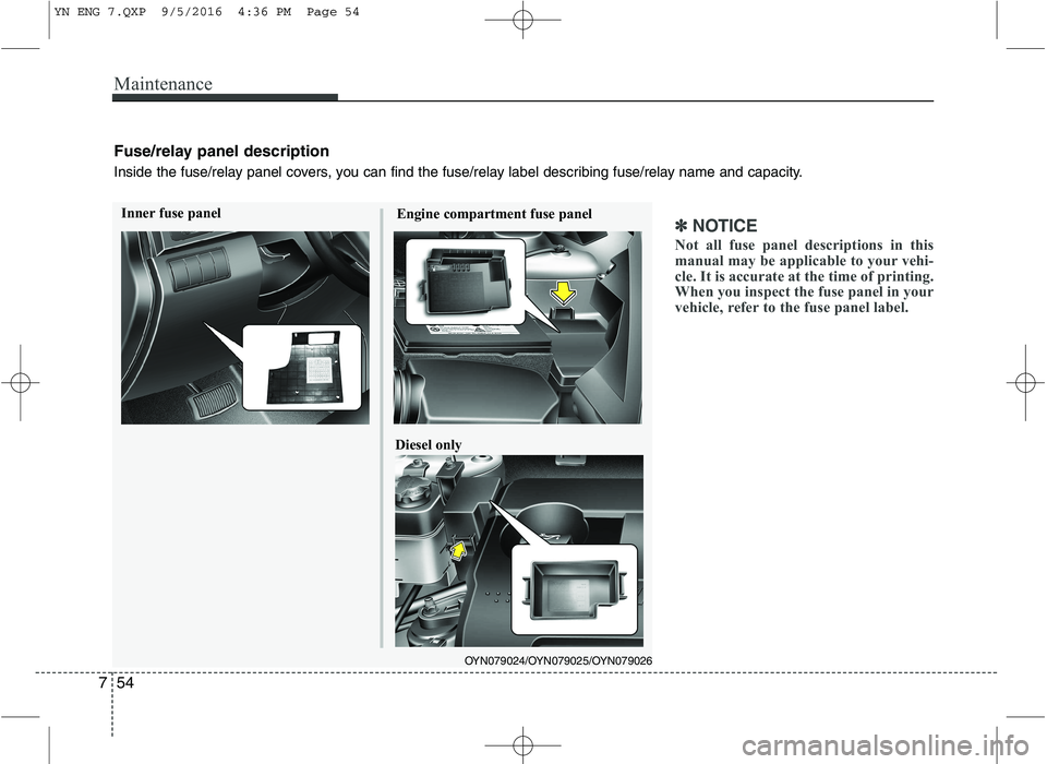 KIA VENGA 2016  Owners Manual Maintenance
54
7
✽✽
NOTICE
Not all fuse panel descriptions in this 
manual may be applicable to your vehi-
cle. It is accurate at the time of printing.
When you inspect the fuse panel in your
vehi