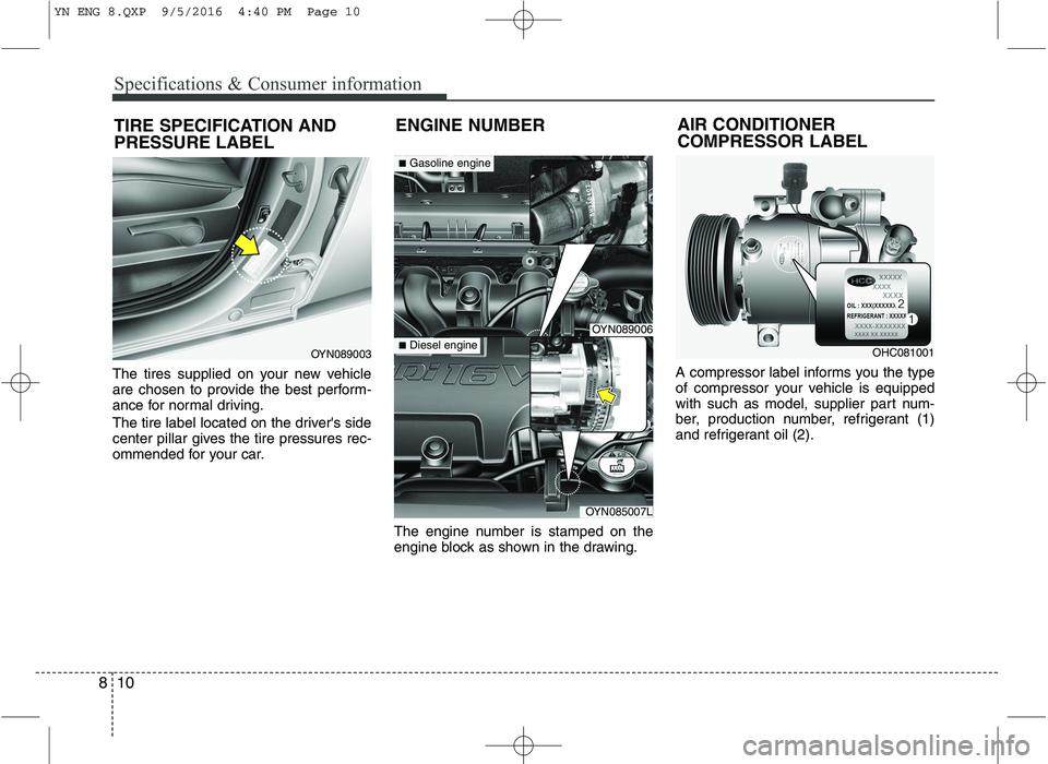 KIA VENGA 2016 Owners Manual Specifications & Consumer information
10
8
The tires supplied on your new vehicle
are chosen to provide the best perform-
ance for normal driving.
The tire label located on the drivers side
center KIA VENGA 2016 Owners Manual Specifications & Consumer information
10
8
The tires supplied on your new vehicle
are chosen to provide the best perform-
ance for normal driving.
The tire label located on the drivers side
center
