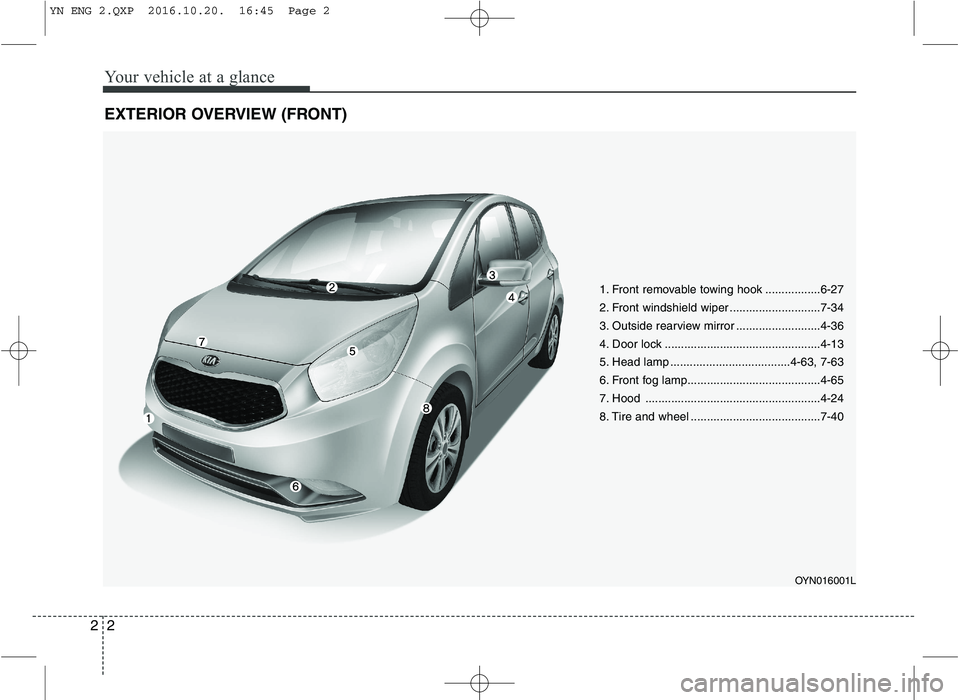 KIA VENGA 2016  Owners Manual Your vehicle at a glance
2
2
EXTERIOR OVERVIEW (FRONT)
1. Front removable towing hook .................6-27 
2. Front windshield wiper ............................7-34
3. Outside rearview mirror .....