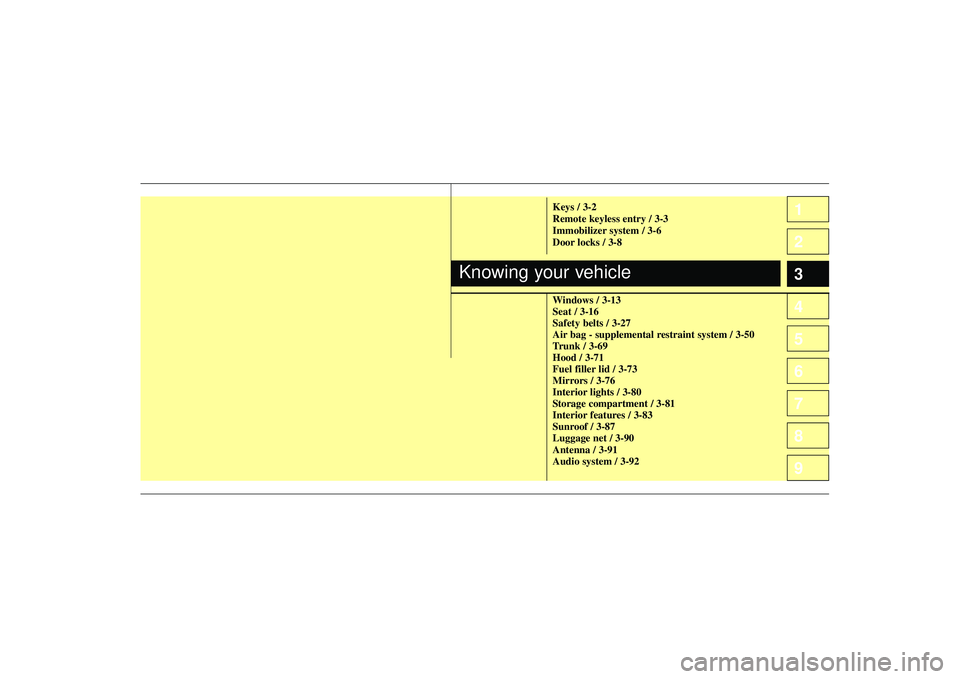 KIA SPECTRA5 2009 User Guide 1
2
3
4
5
6
7
8
9
Keys / 3-2
Remote keyless entry / 3-3
Immobilizer system / 3-6
Door locks / 3-8
Windows / 3-13
Seat / 3-16
Safety belts / 3-27
Air bag - supplemental restraint system / 3-50
Trunk / KIA SPECTRA5 2009 User Guide 1
2
3
4
5
6
7
8
9
Keys / 3-2
Remote keyless entry / 3-3
Immobilizer system / 3-6
Door locks / 3-8
Windows / 3-13
Seat / 3-16
Safety belts / 3-27
Air bag - supplemental restraint system / 3-50
Trunk /