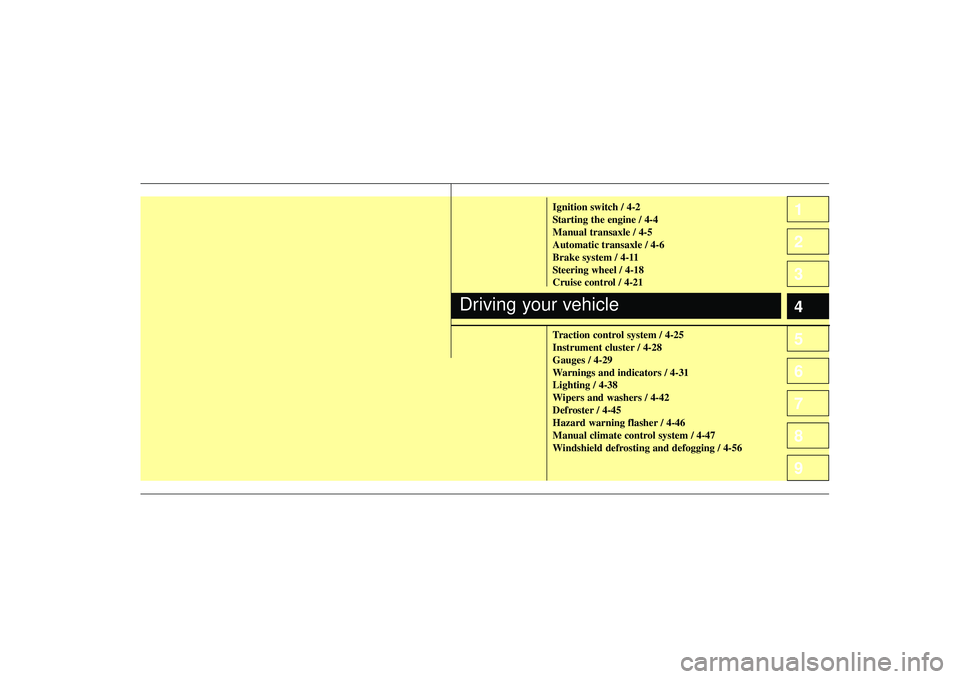 KIA SPECTRA5 2009  Owners Manual 1
2
3
4
5
6
7
8
9
Ignition switch / 4-2
Starting the engine / 4-4
Manual transaxle / 4-5
Automatic transaxle / 4-6
Brake system / 4-11
Steering wheel / 4-18
Cruise control / 4-21
Traction control syst