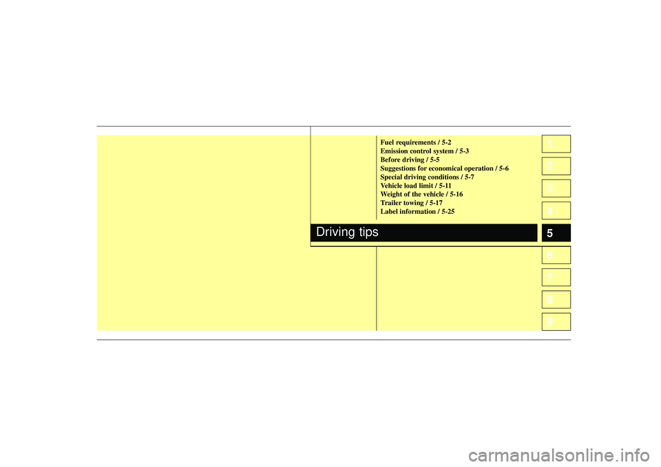 KIA SPECTRA5 2009  Owners Manual 1
2
3
4
5
6
7
8
91
2
3
4
5
6
7
8
9
Fuel requirements / 5-2
Emission control system / 5-3
Before driving / 5-5
Suggestions for economical operation / 5-6
Special driving conditions / 5-7
Vehicle load l