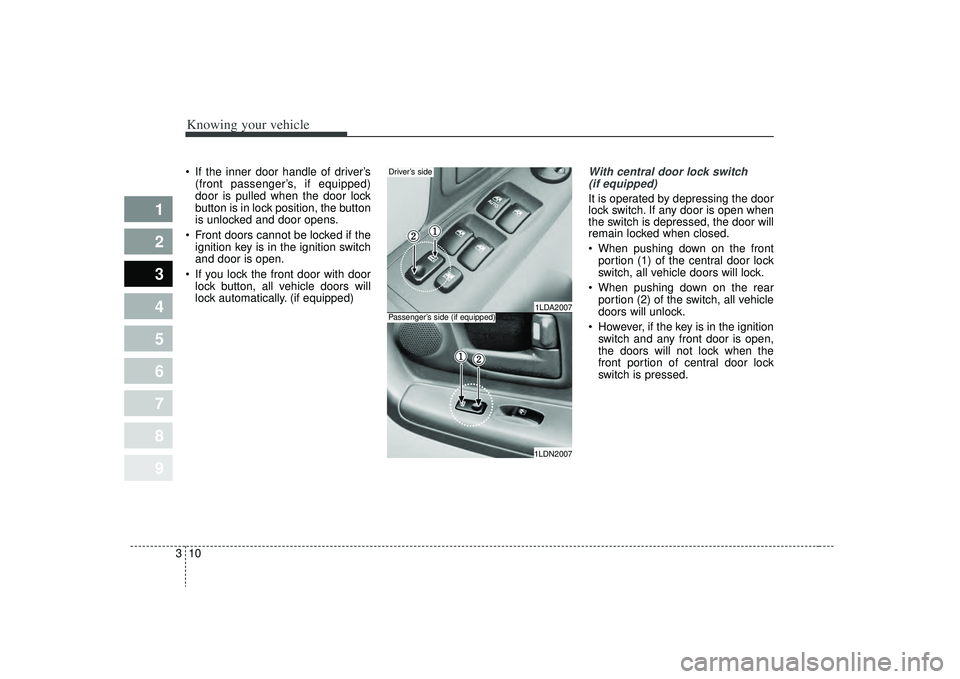 KIA SPECTRA5 2009 User Guide Knowing your vehicle10
3
1
2
3
4
5
6
7
8
9
If the inner door handle of driver’s
(front passenger’s, if equipped)
door is pulled when the door lock
button is in lock position, the button
is unlock KIA SPECTRA5 2009 User Guide Knowing your vehicle10
3
1
2
3
4
5
6
7
8
9
If the inner door handle of driver’s
(front passenger’s, if equipped)
door is pulled when the door lock
button is in lock position, the button
is unlock