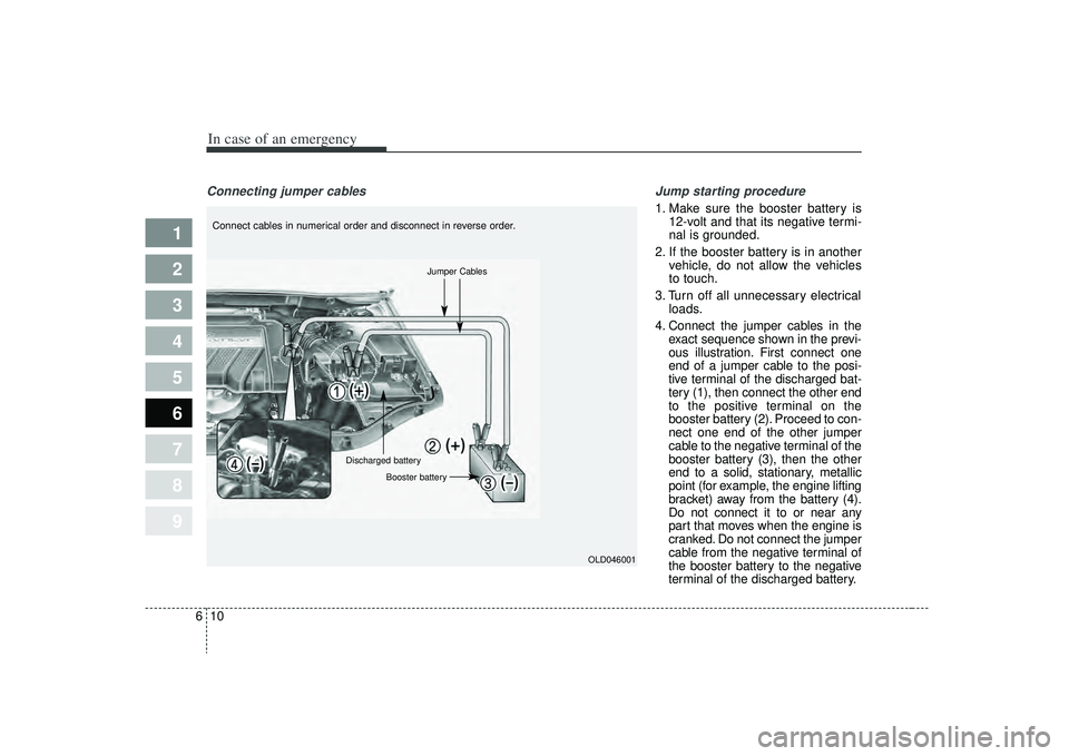 KIA SPECTRA5 2009  Owners Manual In case of an emergency10
6
1
2
3
4
5
6
7
8
9
Connecting jumper cables     Jump starting procedure 
1. Make sure the booster battery is
12-volt and that its negative termi-
nal is grounded.
2. If the 
