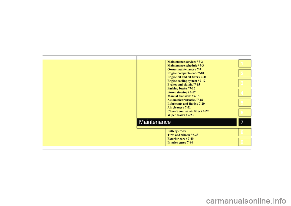 KIA SPECTRA5 2009  Owners Manual 1
2
3
4
5
6
7
8
91
2
3
4
5
6
7
8
9
Maintenance services / 7-2
Maintenance schedule / 7-3
Owner maintenance / 7-7
Engine compartment / 7-10
Engine oil and oil filter / 7-11
Engine cooling system / 7-12