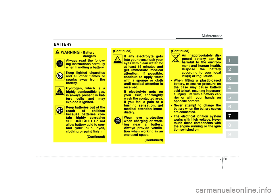 KIA SPECTRA5 2009 Owners Manual 725
Maintenance
1
2
3
4
5
6
7
8
9
BATTERY
WARNING
- Battery dangers
Always read the follow-
ing instructions carefully
when handling a battery.
Keep lighted cigarettes and all other flames or
sp KIA SPECTRA5 2009 Owners Manual 725
Maintenance
1
2
3
4
5
6
7
8
9
BATTERY
WARNING
- Battery dangers
Always read the follow-
ing instructions carefully
when handling a battery.
Keep lighted cigarettes and all other flames or
sp