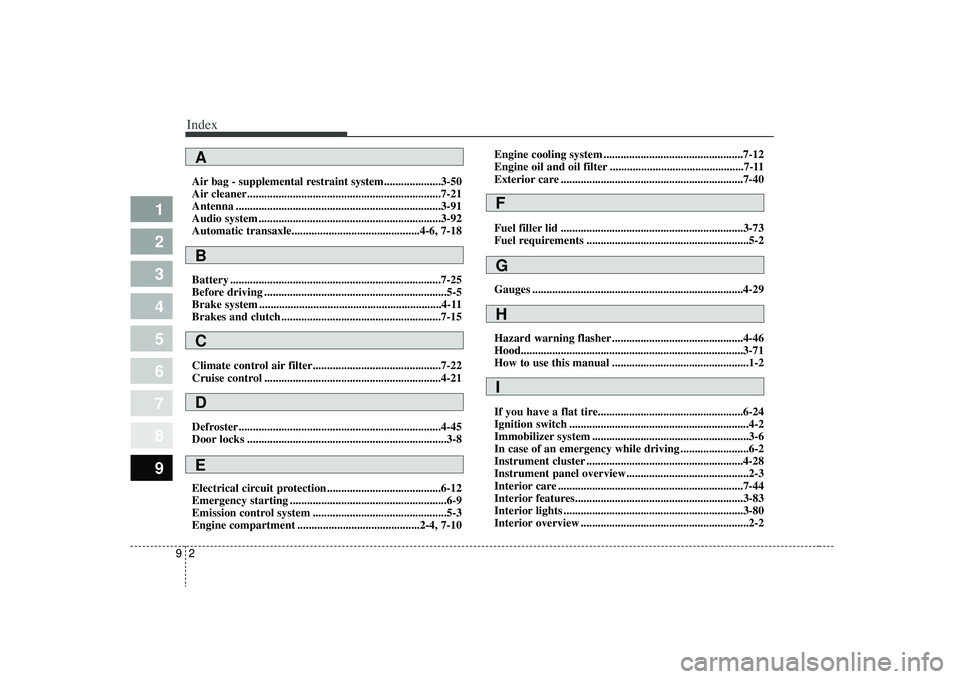 KIA SPECTRA5 2009 Owners Manual Index29
1
2
3
4
5
6
7
8
9
Air bag - supplemental restraint system....................3-50
Air cleaner....................................................................7-21\
Antenna ................ KIA SPECTRA5 2009 Owners Manual Index29
1
2
3
4
5
6
7
8
9
Air bag - supplemental restraint system....................3-50
Air cleaner....................................................................7-21\
Antenna ................