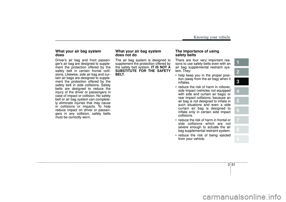 KIA SPECTRA5 2009 Repair Manual 351
1
2
3
4
5
6
7
8
9
Knowing your vehicle
What your air bag system
doesDriver’s air bag and front passen-
ger’s air bag are designed to supple-
ment the protection offered by the
safety belt in c KIA SPECTRA5 2009 Repair Manual 351
1
2
3
4
5
6
7
8
9
Knowing your vehicle
What your air bag system
doesDriver’s air bag and front passen-
ger’s air bag are designed to supple-
ment the protection offered by the
safety belt in c