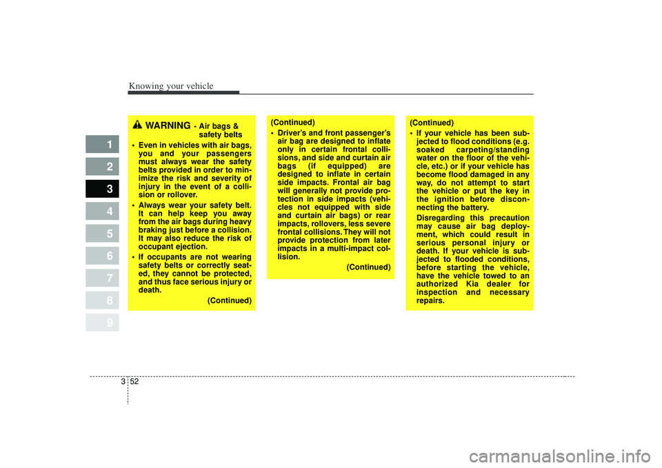 KIA SPECTRA5 2009 Repair Manual Knowing your vehicle52
3
1
2
3
4
5
6
7
8
9
WARNING
- Air bags &
safety belts
Even in vehicles with air bags, you and your passengers
must always wear the safety
belts provided in order to min-
imize KIA SPECTRA5 2009 Repair Manual Knowing your vehicle52
3
1
2
3
4
5
6
7
8
9
WARNING
- Air bags &
safety belts
Even in vehicles with air bags, you and your passengers
must always wear the safety
belts provided in order to min-
imize