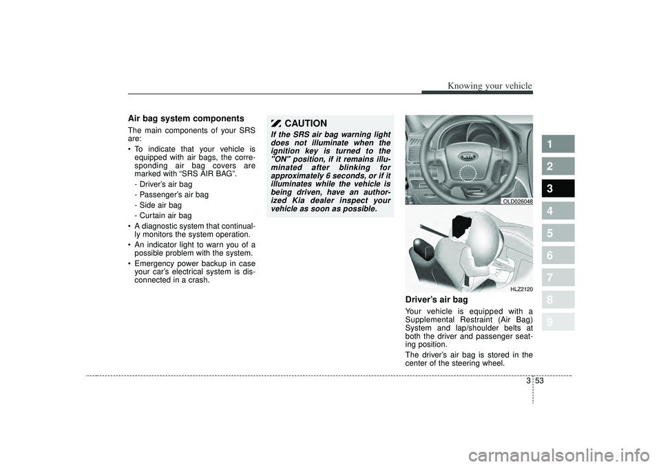 KIA SPECTRA5 2009  Owners Manual 353
1
2
3
4
5
6
7
8
9
Knowing your vehicle
Air bag system components  The main components of your SRS
are:
 To indicate that your vehicle isequipped with air bags, the corre-
sponding air bag covers a