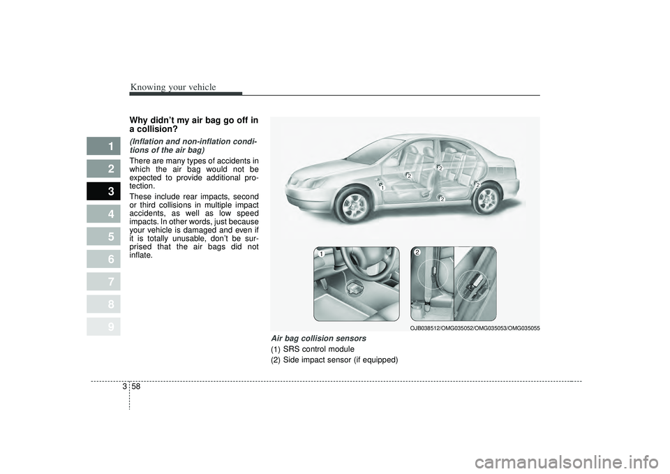 KIA SPECTRA5 2009 Repair Manual Knowing your vehicle58
3
1
2
3
4
5
6
7
8
9
Why didn’t my air bag go off in
a collision? (Inflation and non-inflation condi-
tions of the air bag)There are many types of accidents in
which the air ba KIA SPECTRA5 2009 Repair Manual Knowing your vehicle58
3
1
2
3
4
5
6
7
8
9
Why didn’t my air bag go off in
a collision? (Inflation and non-inflation condi-
tions of the air bag)There are many types of accidents in
which the air ba