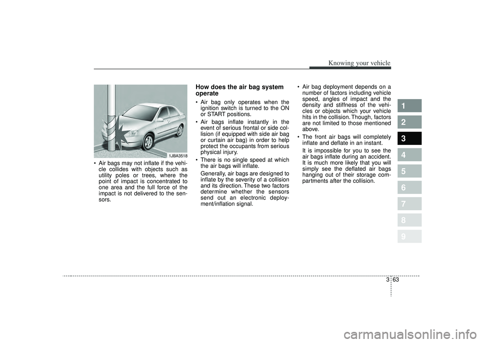 KIA SPECTRA5 2009 Manual PDF 363
1
2
3
4
5
6
7
8
9
Knowing your vehicle
Air bags may not inflate if the vehi-cle collides with objects such as
utility poles or trees, where the
point of impact is concentrated to
one area and the KIA SPECTRA5 2009 Manual PDF 363
1
2
3
4
5
6
7
8
9
Knowing your vehicle
Air bags may not inflate if the vehi-cle collides with objects such as
utility poles or trees, where the
point of impact is concentrated to
one area and the