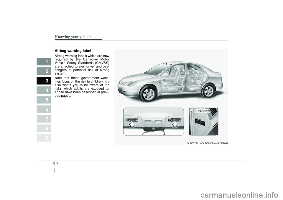 KIA SPECTRA5 2009 Manual PDF Knowing your vehicle68
3
1
2
3
4
5
6
7
8
9
Airbag warning labelAirbag warning labels which are now
required by the Canadian Motor
Vehicle Safety Standards (CMVSS)
are attached to alert driver and pas- KIA SPECTRA5 2009 Manual PDF Knowing your vehicle68
3
1
2
3
4
5
6
7
8
9
Airbag warning labelAirbag warning labels which are now
required by the Canadian Motor
Vehicle Safety Standards (CMVSS)
are attached to alert driver and pas-