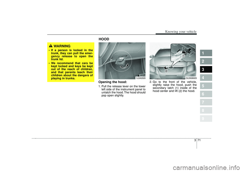 KIA SPECTRA5 2009 Manual Online 371
1
2
3
4
5
6
7
8
9
Knowing your vehicle
Opening the hood:1. Pull the release lever on the lowerleft side of the instrument panel to
unlatch the hood. The hood should
pop open slightly. 2. Go to the KIA SPECTRA5 2009 Manual Online 371
1
2
3
4
5
6
7
8
9
Knowing your vehicle
Opening the hood:1. Pull the release lever on the lowerleft side of the instrument panel to
unlatch the hood. The hood should
pop open slightly. 2. Go to the
