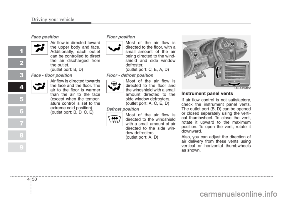 KIA SPECTRA5 2008 Owners Manual Driving your vehicle
50 4
1
2
3
4
5
6
7
8
9
Face position
Air flow is directed toward
the upper body and face.
Additionally, each outlet
can be controlled to direct
the air discharged from
the outlet KIA SPECTRA5 2008 Owners Manual Driving your vehicle
50 4
1
2
3
4
5
6
7
8
9
Face position
Air flow is directed toward
the upper body and face.
Additionally, each outlet
can be controlled to direct
the air discharged from
the outlet