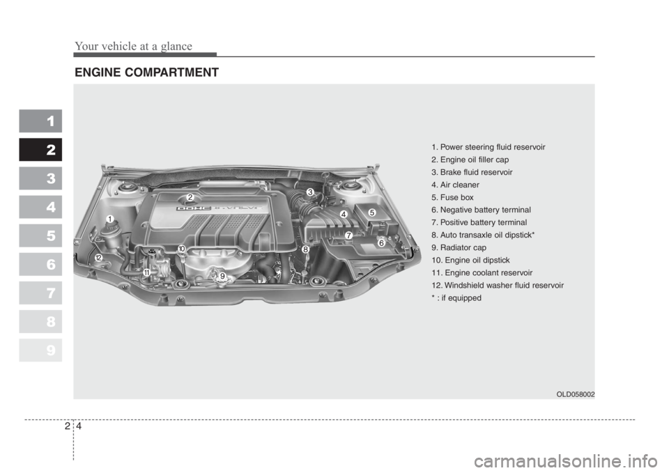 KIA SPECTRA5 2008  Owners Manual Your vehicle at a glance
4 2
1
2
3
4
5
6
7
8
9
ENGINE COMPARTMENT 
OLD058002
1. Power steering fluid reservoir
2. Engine oil filler cap
3. Brake fluid reservoir
4. Air cleaner
5. Fuse box
6. Negative 