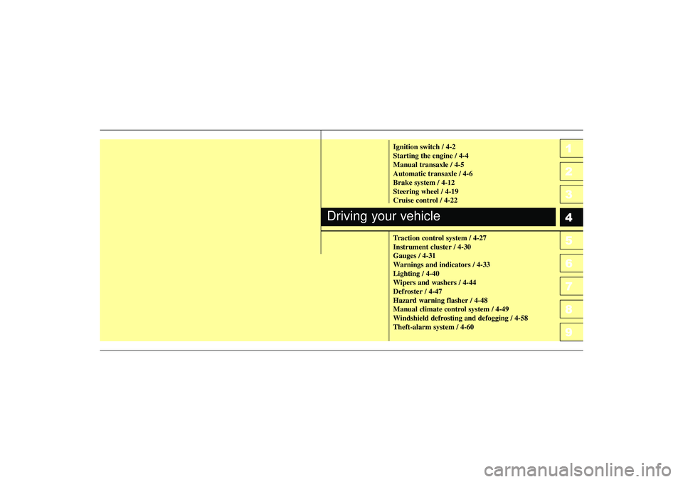 KIA SPECTRA5 2006  Owners Manual 1
2
3
4
5
6
7
8
9
Ignition switch / 4-2
Starting the engine / 4-4
Manual transaxle / 4-5
Automatic transaxle / 4-6
Brake system / 4-12
Steering wheel / 4-19
Cruise control / 4-22
Traction control syst