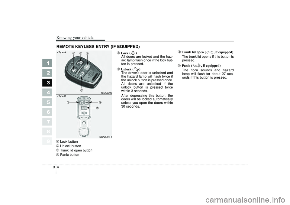 KIA SPECTRA5 2006 Owners Manual Knowing your vehicle43
1
2
3
4
5
6
7
8
9
➀
Lock button
➁
Unlock button
➂
Trunk lid open button
➃
Panic button
➀
Lock ( )All doors are locked and the haz-
ard lamp flash once if the lock but KIA SPECTRA5 2006 Owners Manual Knowing your vehicle43
1
2
3
4
5
6
7
8
9
➀
Lock button
➁
Unlock button
➂
Trunk lid open button
➃
Panic button
➀
Lock ( )All doors are locked and the haz-
ard lamp flash once if the lock but