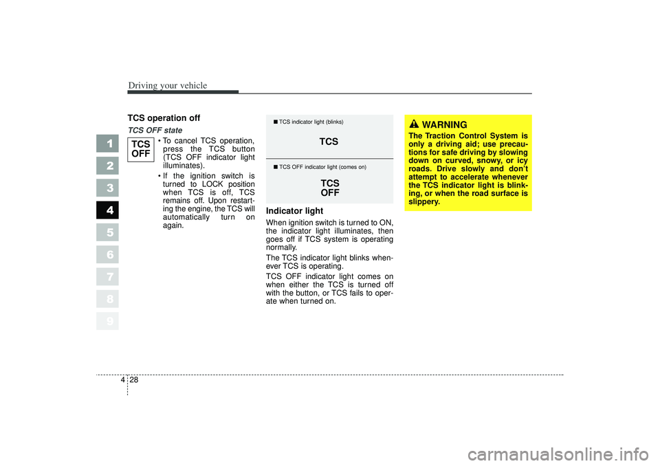 KIA SPECTRA5 2006 Owners Guide Driving your vehicle28
4
1
2
3
4
5
6
7
8
9
TCS operation offTCS OFF state
To cancel TCS operation,press the TCS button
(TCS OFF indicator light
illuminates).
If the ignition switch is
turned t KIA SPECTRA5 2006 Owners Guide Driving your vehicle28
4
1
2
3
4
5
6
7
8
9
TCS operation offTCS OFF state
To cancel TCS operation,press the TCS button
(TCS OFF indicator light
illuminates).
If the ignition switch is
turned t