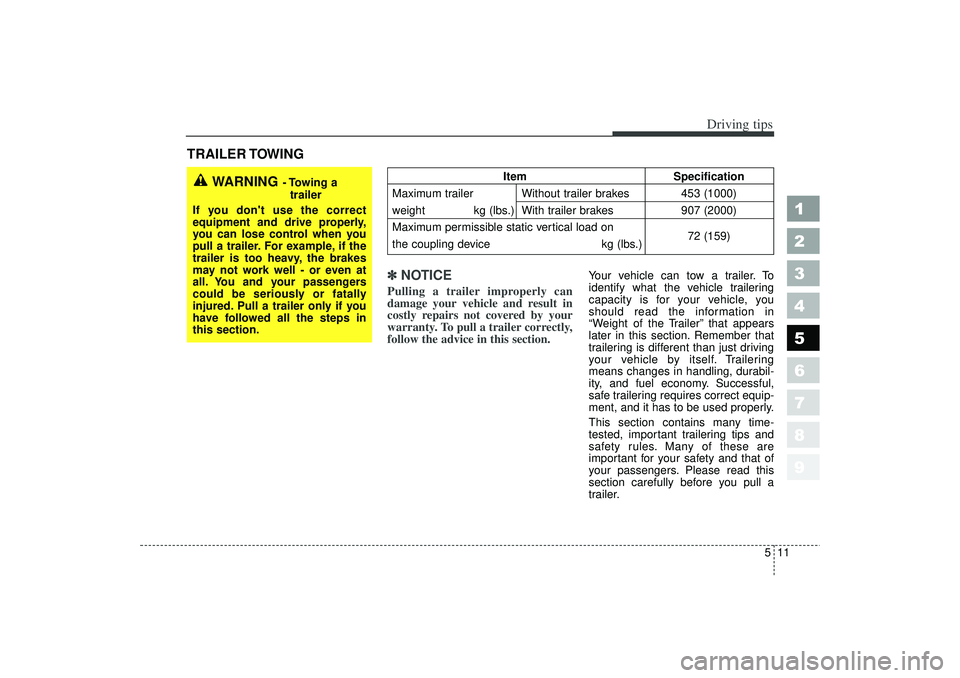 KIA SPECTRA5 2006 Owners Manual 511
Driving tips
1
2
3
4
5
6
7
8
9
TRAILER TOWING✽ ✽NOTICE
Pulling a trailer improperly can
damage your vehicle and result in
costly repairs not covered by your
warranty. To pull a trailer correct KIA SPECTRA5 2006 Owners Manual 511
Driving tips
1
2
3
4
5
6
7
8
9
TRAILER TOWING✽ ✽NOTICE
Pulling a trailer improperly can
damage your vehicle and result in
costly repairs not covered by your
warranty. To pull a trailer correct