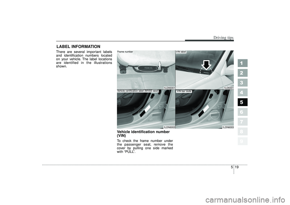 KIA SPECTRA5 2006  Owners Manual 519
Driving tips
1
2
3
4
5
6
7
8
9
LABEL INFORMATION   There are several important labels
and identification numbers located
on your vehicle. The label locations
are identified in the illustrations
sh