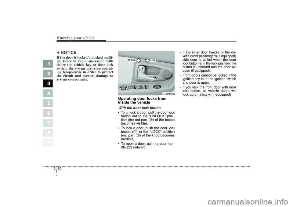KIA SPECTRA5 2006 User Guide Knowing your vehicle10
3
1
2
3
4
5
6
7
8
9
✽ ✽
NOTICEIf the door is locked/unlocked multi-
ple times in rapid succession with
either the vehicle key or door lock
switch, the system may stop operat KIA SPECTRA5 2006 User Guide Knowing your vehicle10
3
1
2
3
4
5
6
7
8
9
✽ ✽
NOTICEIf the door is locked/unlocked multi-
ple times in rapid succession with
either the vehicle key or door lock
switch, the system may stop operat