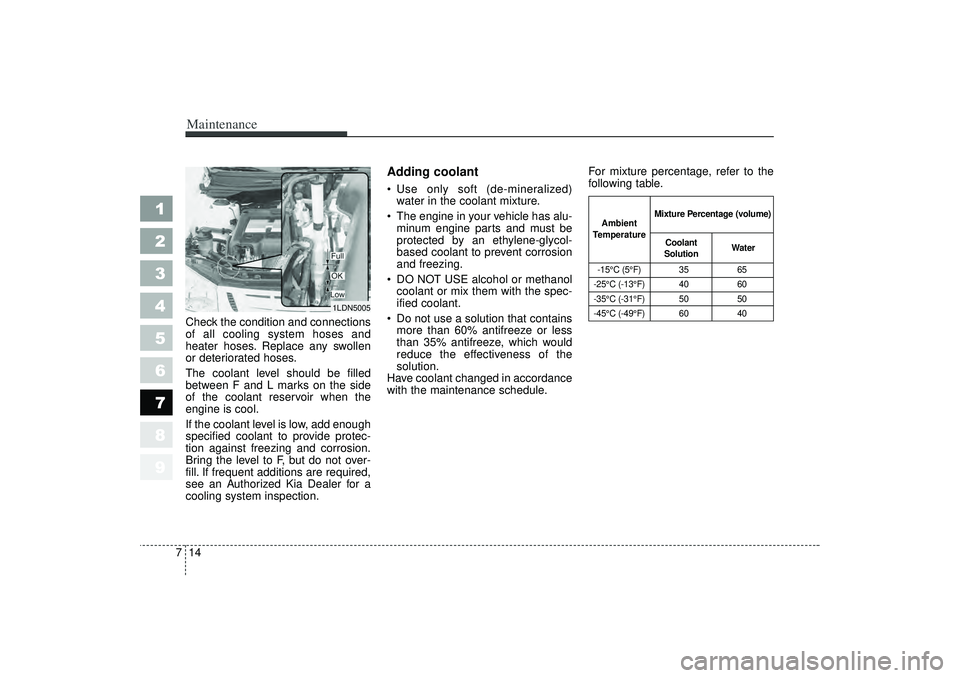 KIA SPECTRA5 2006 User Guide Maintenance14
7
1
2
3
4
5
6
7
8
9
Check the condition and connections
of all cooling system hoses and
heater hoses. Replace any swollen
or deteriorated hoses.
The coolant level should be filled
betwee