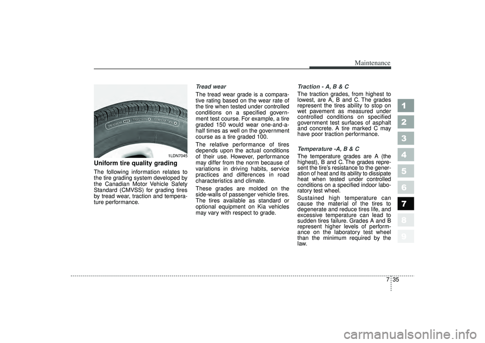 KIA SPECTRA5 2006 Owners Manual 735
Maintenance
1
2
3
4
5
6
7
8
9
Uniform tire quality grading The following information relates to
the tire grading system developed by
the Canadian Motor Vehicle Safety
Standard (CMVSS) for grading KIA SPECTRA5 2006 Owners Manual 735
Maintenance
1
2
3
4
5
6
7
8
9
Uniform tire quality grading The following information relates to
the tire grading system developed by
the Canadian Motor Vehicle Safety
Standard (CMVSS) for grading