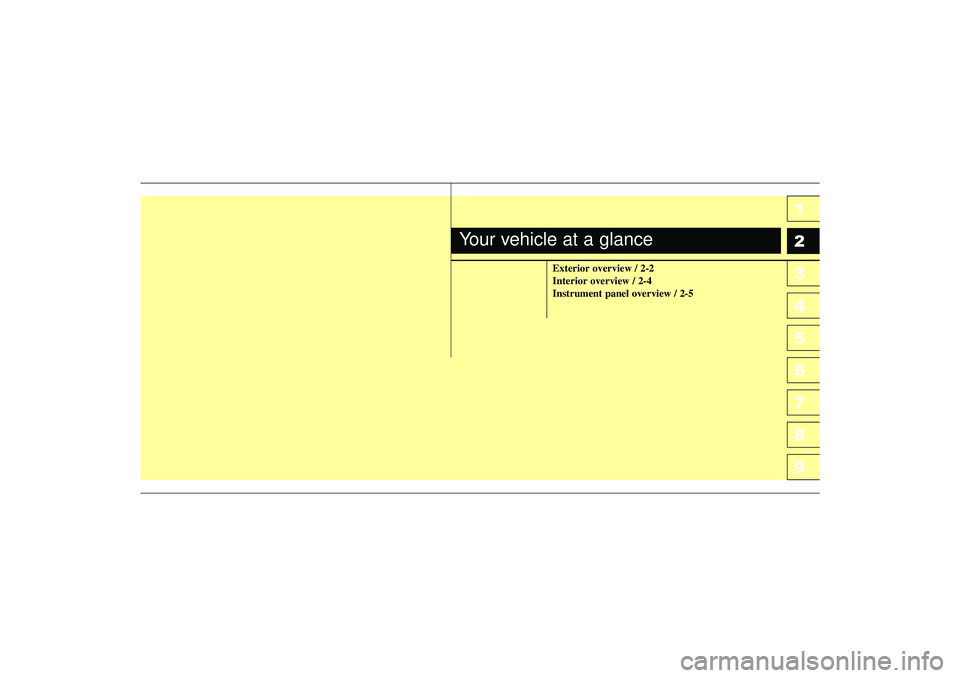 KIA SPECTRA5 2006 Owners Manual 1
2
3
4
5
6
7
8
9
Exterior overview / 2-2
Interior overview / 2-4
Instrument panel overview / 2-5
Your vehicle at a glance
LD CAN (ENG) 2.qxd 7/29/05 10:14 AM Page 1 KIA SPECTRA5 2006 Owners Manual 1
2
3
4
5
6
7
8
9
Exterior overview / 2-2
Interior overview / 2-4
Instrument panel overview / 2-5
Your vehicle at a glance
LD CAN (ENG) 2.qxd 7/29/05 10:14 AM Page 1