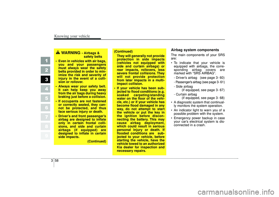 KIA SPECTRA5 2006 Owners Manual Knowing your vehicle58
3
1
2
3
4
5
6
7
8
9
Airbag system components The main components of your SRS
are:
To indicate that your vehicle is
equipped with airbags, the corre-
sponding airbag covers ar KIA SPECTRA5 2006 Owners Manual Knowing your vehicle58
3
1
2
3
4
5
6
7
8
9
Airbag system components The main components of your SRS
are:
To indicate that your vehicle is
equipped with airbags, the corre-
sponding airbag covers ar