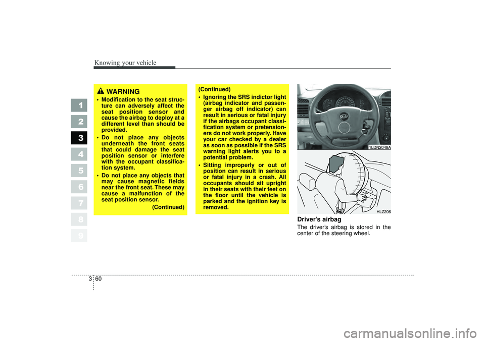 KIA SPECTRA5 2006  Owners Manual Knowing your vehicle60
3
1
2
3
4
5
6
7
8
9
Driver’s airbagThe driver’ s airbag is stored in the
center of the steering wheel.
WARNING
 Modification to the seat struc- ture can adversely affect th