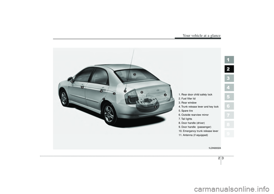KIA SPECTRA5 2006 Owners Manual 23
1
2
3
4
5
6
7
8
9
Your vehicle at a glance
1. Rear door child safety lock
2. Fuel filler lid
3. Rear window
4. Trunk release lever and key lock
5. Spare tire
6. Outside rearview mirror
7. Tail ligh KIA SPECTRA5 2006 Owners Manual 23
1
2
3
4
5
6
7
8
9
Your vehicle at a glance
1. Rear door child safety lock
2. Fuel filler lid
3. Rear window
4. Trunk release lever and key lock
5. Spare tire
6. Outside rearview mirror
7. Tail ligh