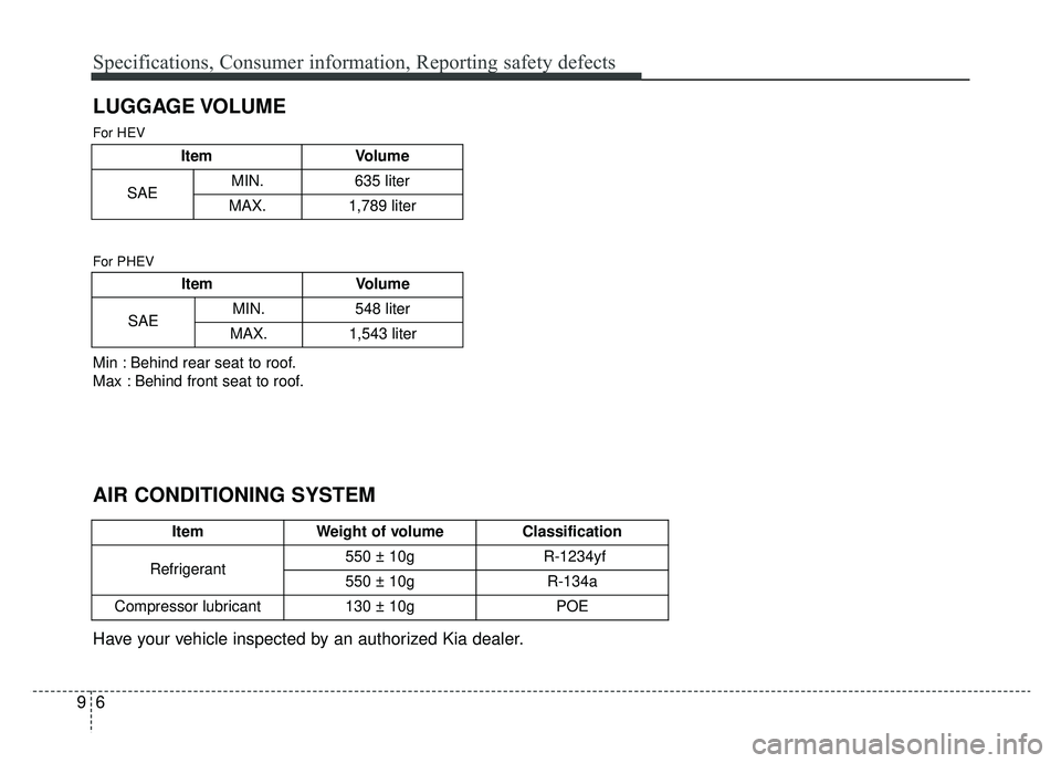 KIA NIRO HYBRID EV 2019 Owners Manual Specifications, Consumer information, Reporting safety defects
69
LUGGAGE VOLUME
Have your vehicle inspected by an authorized Kia dealer.
ItemWeight of volumeClassification
Refrigerant550 ± 10gR-1234 KIA NIRO HYBRID EV 2019 Owners Manual Specifications, Consumer information, Reporting safety defects
69
LUGGAGE VOLUME
Have your vehicle inspected by an authorized Kia dealer.
ItemWeight of volumeClassification
Refrigerant550 ± 10gR-1234